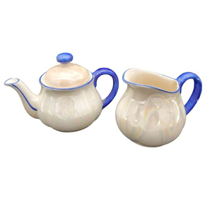 VTG Czechoslovakian Lusterware‎ Pottery Teapot & Cream Set Blue White Iridescent